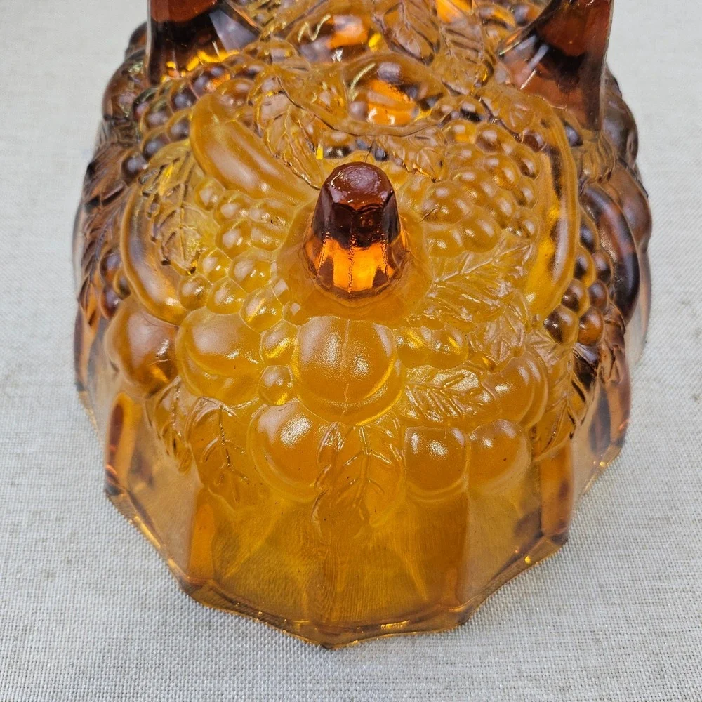 Vintage Amber Indian Glass Fruit Bowl Footed Oval Scalloped Rim Embossed Fruit